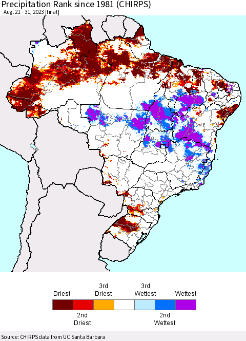 Brazil Precipitation Rank since 1981 (CHIRPS) Thematic Map For 8/21/2023 - 8/31/2023