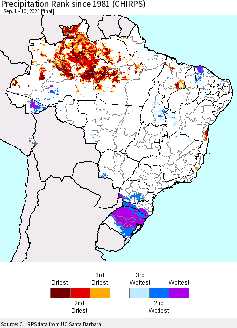 Brazil Precipitation Rank since 1981 (CHIRPS) Thematic Map For 9/1/2023 - 9/10/2023