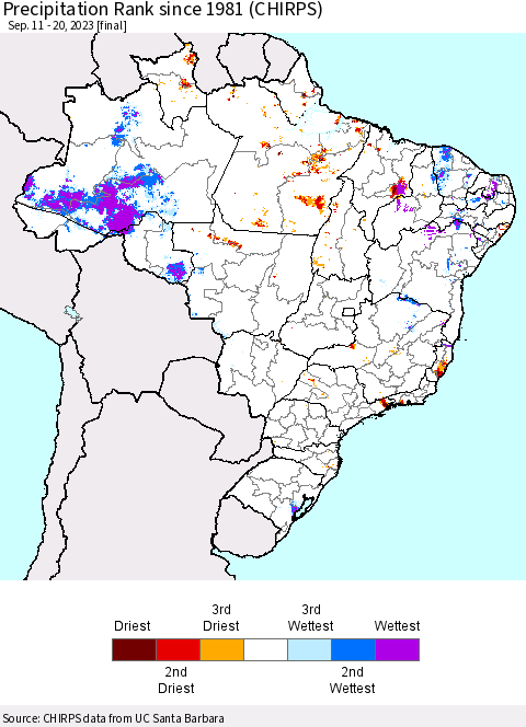 Brazil Precipitation Rank since 1981 (CHIRPS) Thematic Map For 9/11/2023 - 9/20/2023