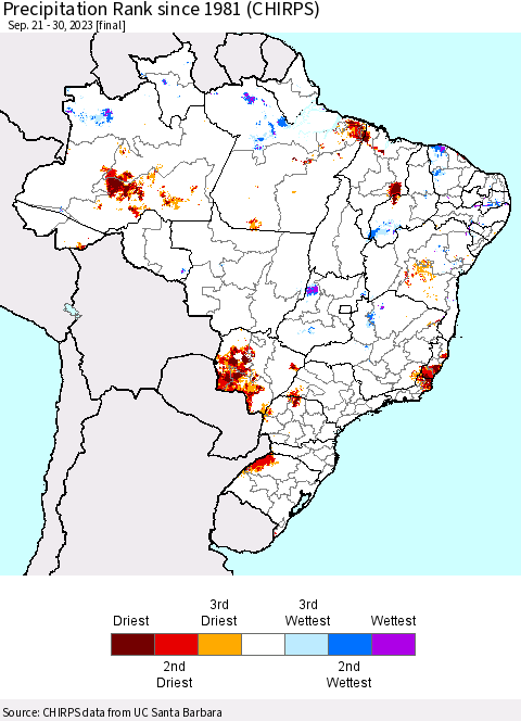 Brazil Precipitation Rank since 1981 (CHIRPS) Thematic Map For 9/21/2023 - 9/30/2023
