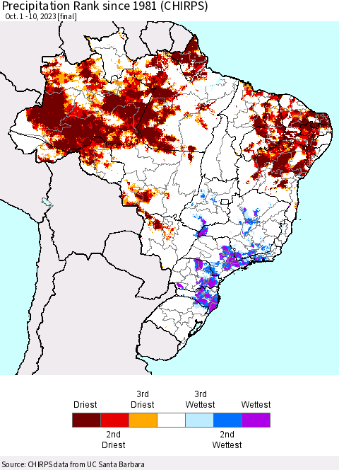 Brazil Precipitation Rank since 1981 (CHIRPS) Thematic Map For 10/1/2023 - 10/10/2023