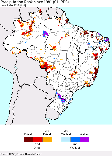 Brazil Precipitation Rank since 1981 (CHIRPS) Thematic Map For 11/1/2023 - 11/10/2023