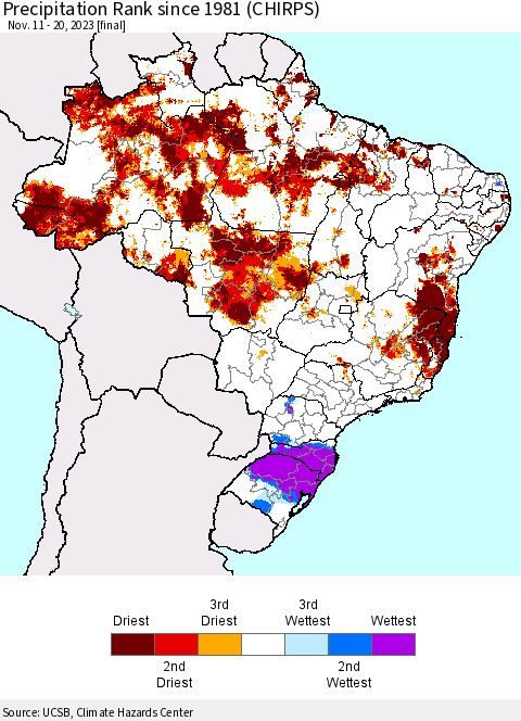 Brazil Precipitation Rank since 1981 (CHIRPS) Thematic Map For 11/11/2023 - 11/20/2023
