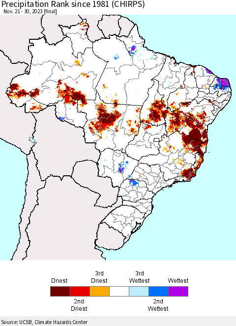 Brazil Precipitation Rank since 1981 (CHIRPS) Thematic Map For 11/21/2023 - 11/30/2023