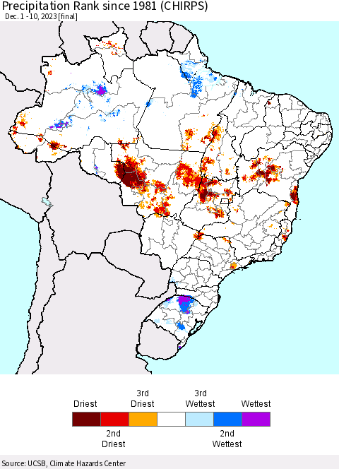 Brazil Precipitation Rank since 1981 (CHIRPS) Thematic Map For 12/1/2023 - 12/10/2023