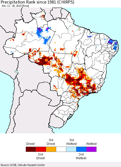 Brazil Precipitation Rank since 1981 (CHIRPS) Thematic Map For 12/11/2023 - 12/20/2023