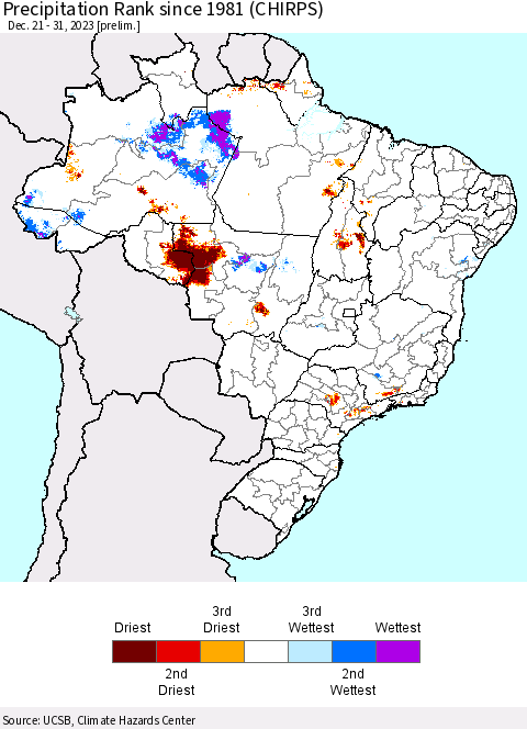 Brazil Precipitation Rank since 1981 (CHIRPS) Thematic Map For 12/21/2023 - 12/31/2023