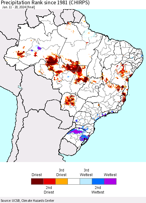 Brazil Precipitation Rank since 1981 (CHIRPS) Thematic Map For 1/11/2024 - 1/20/2024