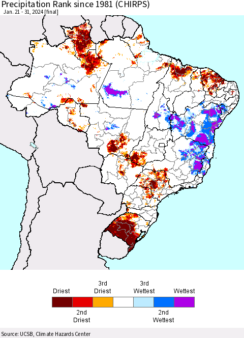 Brazil Precipitation Rank since 1981 (CHIRPS) Thematic Map For 1/21/2024 - 1/31/2024
