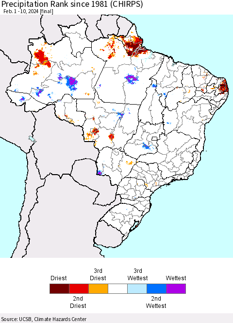 Brazil Precipitation Rank since 1981 (CHIRPS) Thematic Map For 2/1/2024 - 2/10/2024