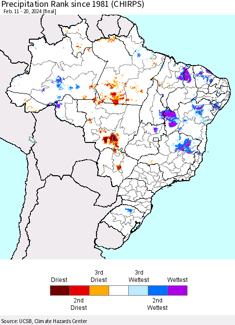 Brazil Precipitation Rank since 1981 (CHIRPS) Thematic Map For 2/11/2024 - 2/20/2024