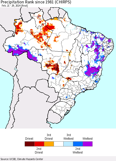 Brazil Precipitation Rank since 1981 (CHIRPS) Thematic Map For 2/21/2024 - 2/29/2024