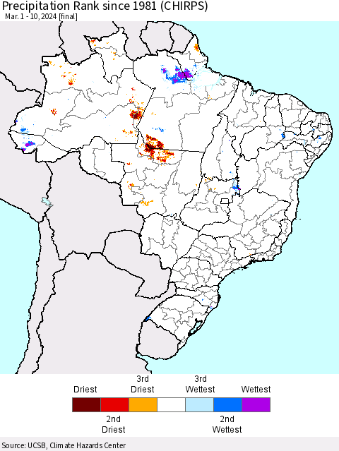 Brazil Precipitation Rank since 1981 (CHIRPS) Thematic Map For 3/1/2024 - 3/10/2024