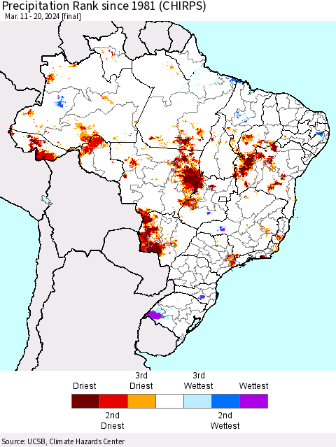 Brazil Precipitation Rank since 1981 (CHIRPS) Thematic Map For 3/11/2024 - 3/20/2024