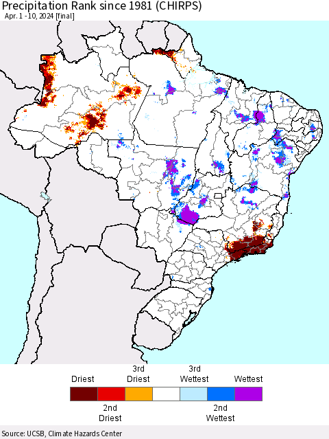 Brazil Precipitation Rank since 1981 (CHIRPS) Thematic Map For 4/1/2024 - 4/10/2024