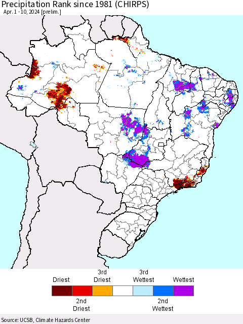 Brazil Precipitation Rank since 1981 (CHIRPS) Thematic Map For 4/1/2024 - 4/10/2024
