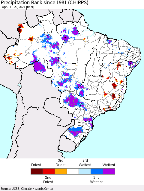Brazil Precipitation Rank since 1981 (CHIRPS) Thematic Map For 4/11/2024 - 4/20/2024