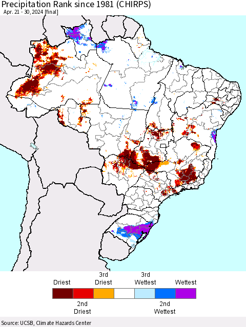 Brazil Precipitation Rank since 1981 (CHIRPS) Thematic Map For 4/21/2024 - 4/30/2024