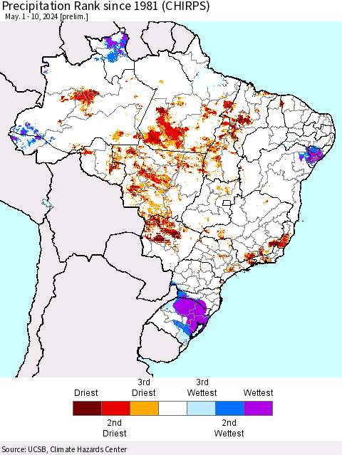 Brazil Precipitation Rank since 1981 (CHIRPS) Thematic Map For 5/1/2024 - 5/10/2024