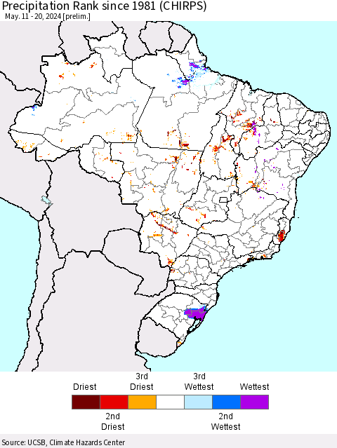 Brazil Precipitation Rank since 1981 (CHIRPS) Thematic Map For 5/11/2024 - 5/20/2024