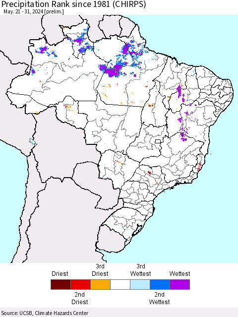 Brazil Precipitation Rank since 1981 (CHIRPS) Thematic Map For 5/21/2024 - 5/31/2024