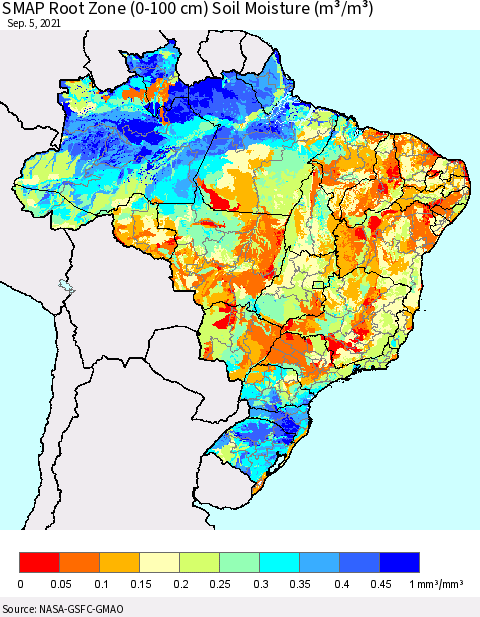 Brazil SMAP Root Zone (0-100 cm) Soil Moisture (m³/m³) Thematic Map For 9/1/2021 - 9/5/2021