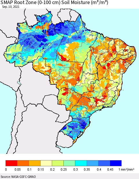 Brazil SMAP Root Zone (0-100 cm) Soil Moisture (m³/m³) Thematic Map For 9/6/2021 - 9/10/2021