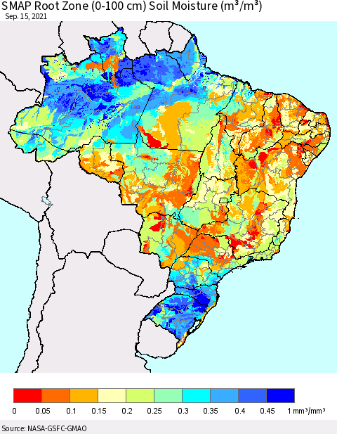 Brazil SMAP Root Zone (0-100 cm) Soil Moisture (m³/m³) Thematic Map For 9/11/2021 - 9/15/2021