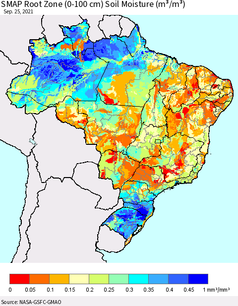Brazil SMAP Root Zone (0-100 cm) Soil Moisture (m³/m³) Thematic Map For 9/21/2021 - 9/25/2021