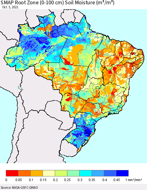 Brazil SMAP Root Zone (0-100 cm) Soil Moisture (m³/m³) Thematic Map For 10/1/2021 - 10/5/2021