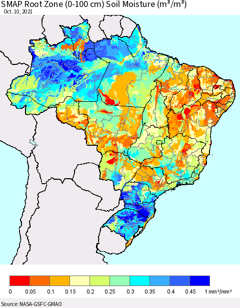 Brazil SMAP Root Zone (0-100 cm) Soil Moisture (m³/m³) Thematic Map For 10/6/2021 - 10/10/2021