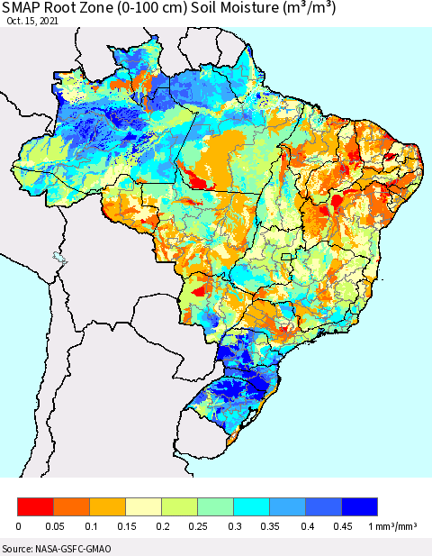Brazil SMAP Root Zone (0-100 cm) Soil Moisture (m³/m³) Thematic Map For 10/11/2021 - 10/15/2021