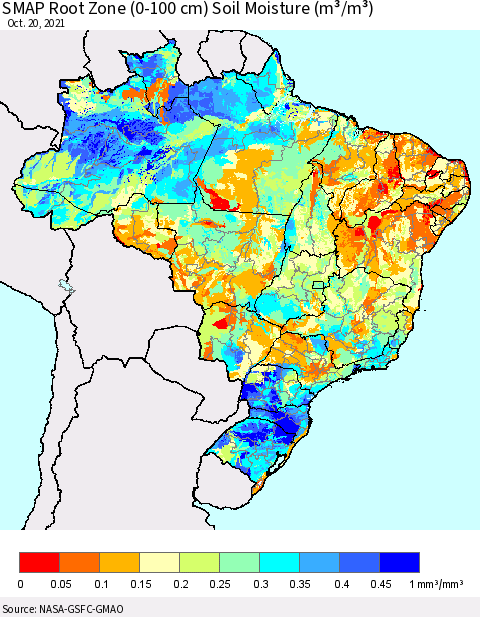 Brazil SMAP Root Zone (0-100 cm) Soil Moisture (m³/m³) Thematic Map For 10/16/2021 - 10/20/2021