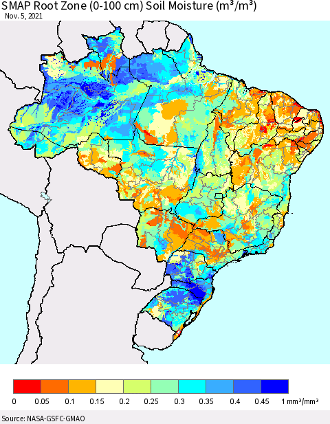Brazil SMAP Root Zone (0-100 cm) Soil Moisture (m³/m³) Thematic Map For 11/1/2021 - 11/5/2021