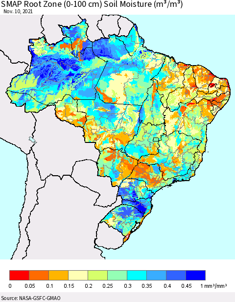 Brazil SMAP Root Zone (0-100 cm) Soil Moisture (m³/m³) Thematic Map For 11/6/2021 - 11/10/2021