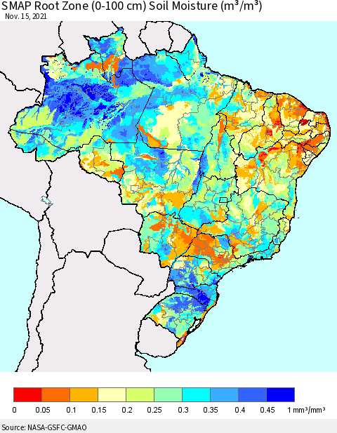 Brazil SMAP Root Zone (0-100 cm) Soil Moisture (m³/m³) Thematic Map For 11/11/2021 - 11/15/2021