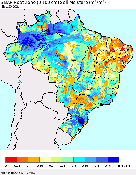 Brazil SMAP Root Zone (0-100 cm) Soil Moisture (m³/m³) Thematic Map For 11/16/2021 - 11/20/2021