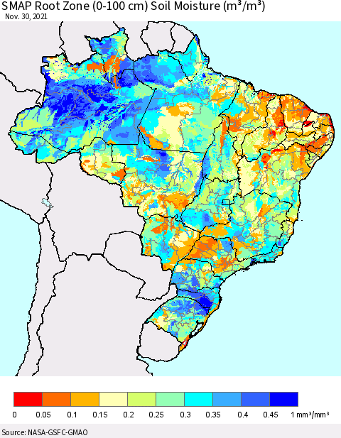 Brazil SMAP Root Zone (0-100 cm) Soil Moisture (m³/m³) Thematic Map For 11/26/2021 - 11/30/2021