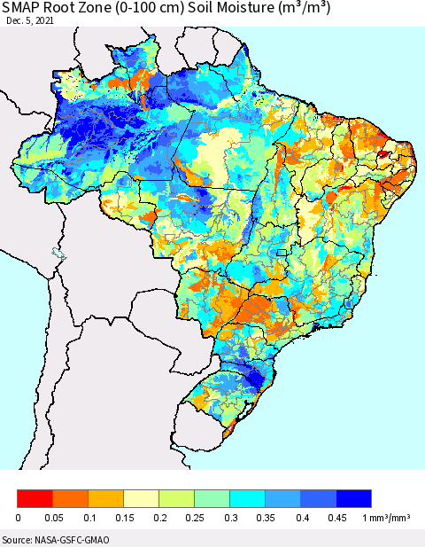 Brazil SMAP Root Zone (0-100 cm) Soil Moisture (m³/m³) Thematic Map For 12/1/2021 - 12/5/2021