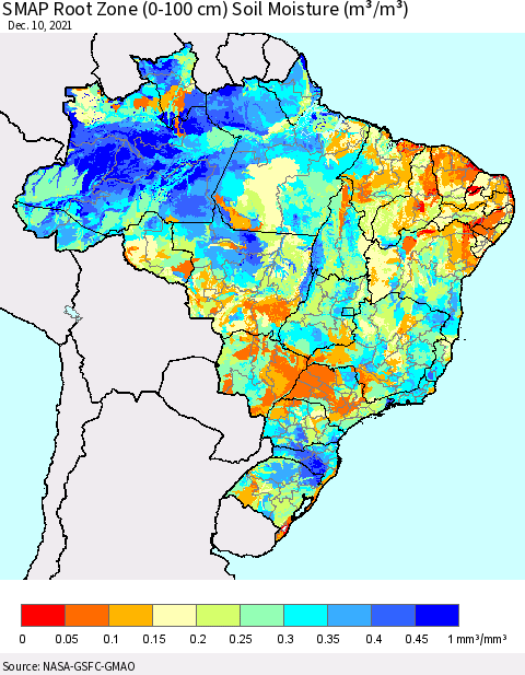 Brazil SMAP Root Zone (0-100 cm) Soil Moisture (m³/m³) Thematic Map For 12/6/2021 - 12/10/2021