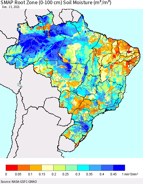 Brazil SMAP Root Zone (0-100 cm) Soil Moisture (m³/m³) Thematic Map For 12/11/2021 - 12/15/2021