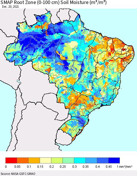 Brazil SMAP Root Zone (0-100 cm) Soil Moisture (m³/m³) Thematic Map For 12/16/2021 - 12/20/2021