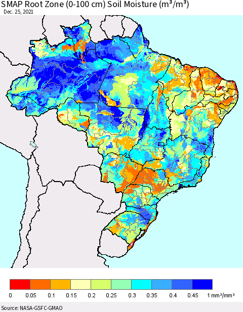 Brazil SMAP Root Zone (0-100 cm) Soil Moisture (m³/m³) Thematic Map For 12/21/2021 - 12/25/2021