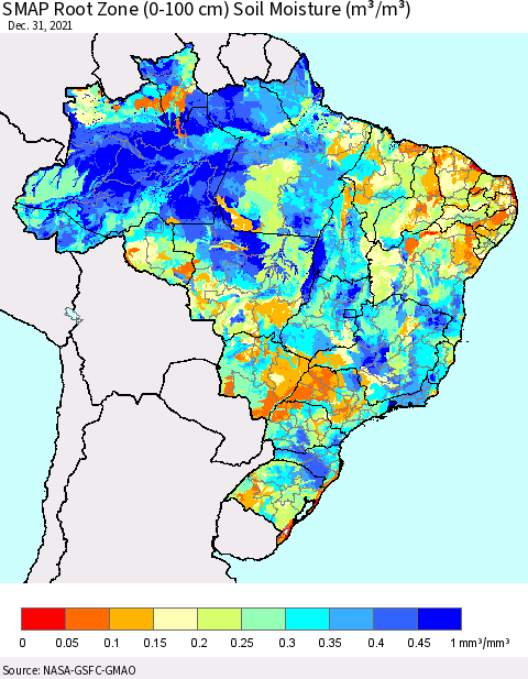 Brazil SMAP Root Zone (0-100 cm) Soil Moisture (m³/m³) Thematic Map For 12/26/2021 - 12/31/2021