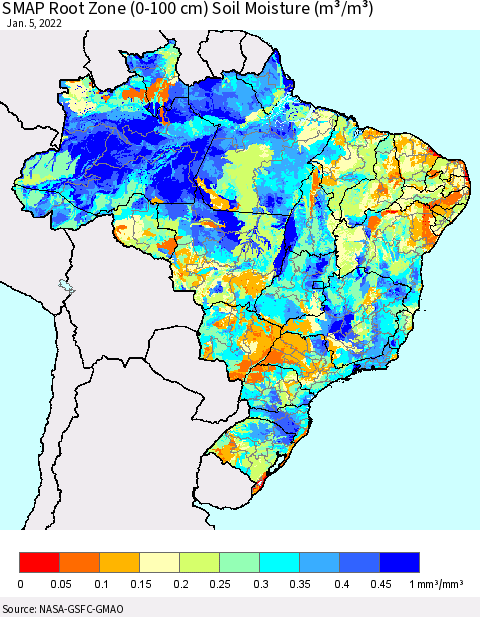 Brazil SMAP Root Zone (0-100 cm) Soil Moisture (m³/m³) Thematic Map For 1/1/2022 - 1/5/2022