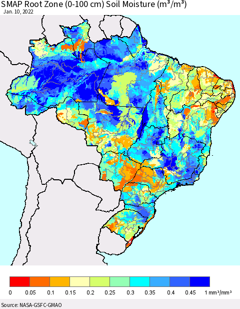 Brazil SMAP Root Zone (0-100 cm) Soil Moisture (m³/m³) Thematic Map For 1/6/2022 - 1/10/2022