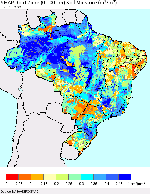 Brazil SMAP Root Zone (0-100 cm) Soil Moisture (m³/m³) Thematic Map For 1/11/2022 - 1/15/2022