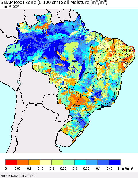 Brazil SMAP Root Zone (0-100 cm) Soil Moisture (m³/m³) Thematic Map For 1/21/2022 - 1/25/2022