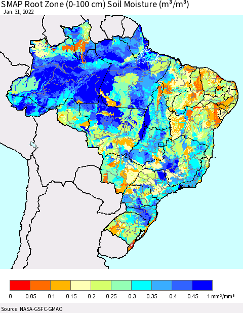 Brazil SMAP Root Zone (0-100 cm) Soil Moisture (m³/m³) Thematic Map For 1/26/2022 - 1/31/2022