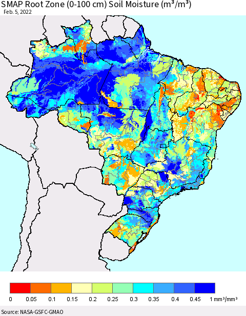 Brazil SMAP Root Zone (0-100 cm) Soil Moisture (m³/m³) Thematic Map For 2/1/2022 - 2/5/2022